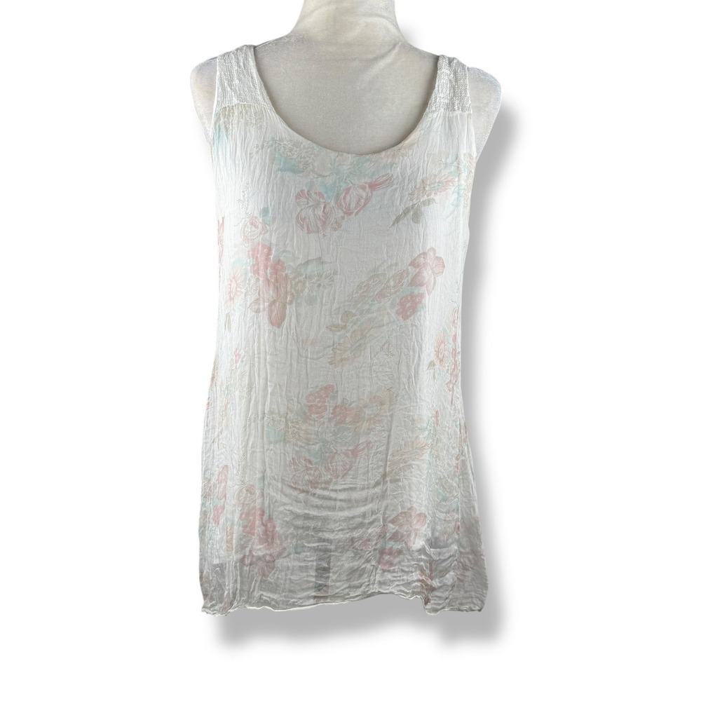 Silk Floral Tunic Top Women Size Large Floral Pastel Fairy Cottage Made in Italy